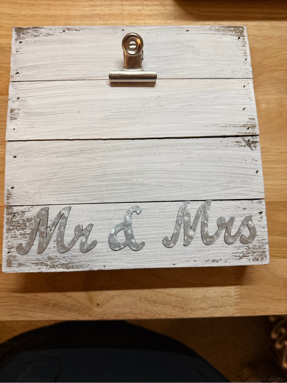 Mr & Mrs White Wood Photo Clip Board with Silver Accent